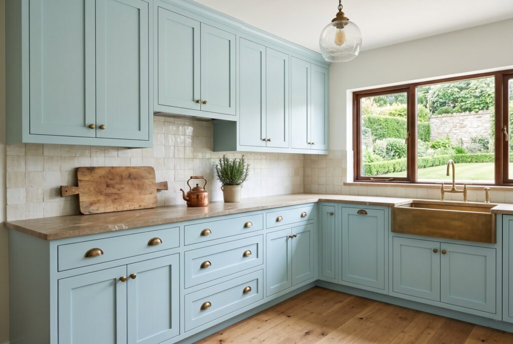 Pale Aqua kitchen cabinets with brass hardware, natural wood countertop, and soft neutral palette.