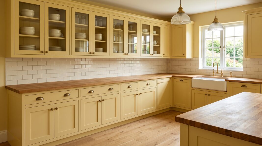 Warm neutral kitchen with creamy beige cabinets, glass uppers, butcher block island, and brass hardware.