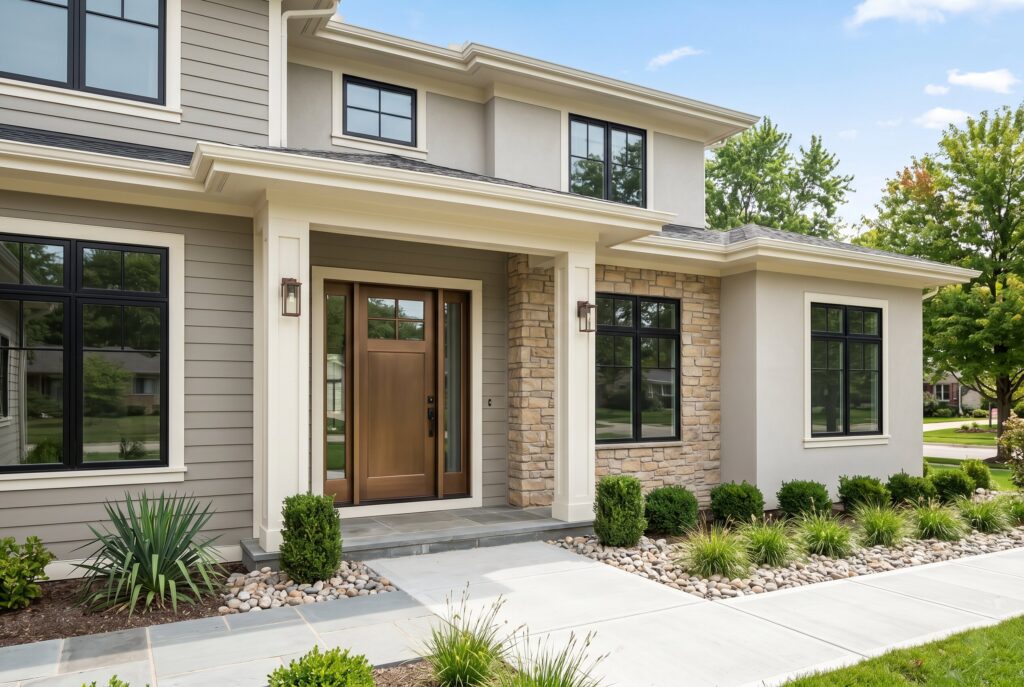 Greige exterior home with cream trim, bronze front door, black windows, and stone entry surround.