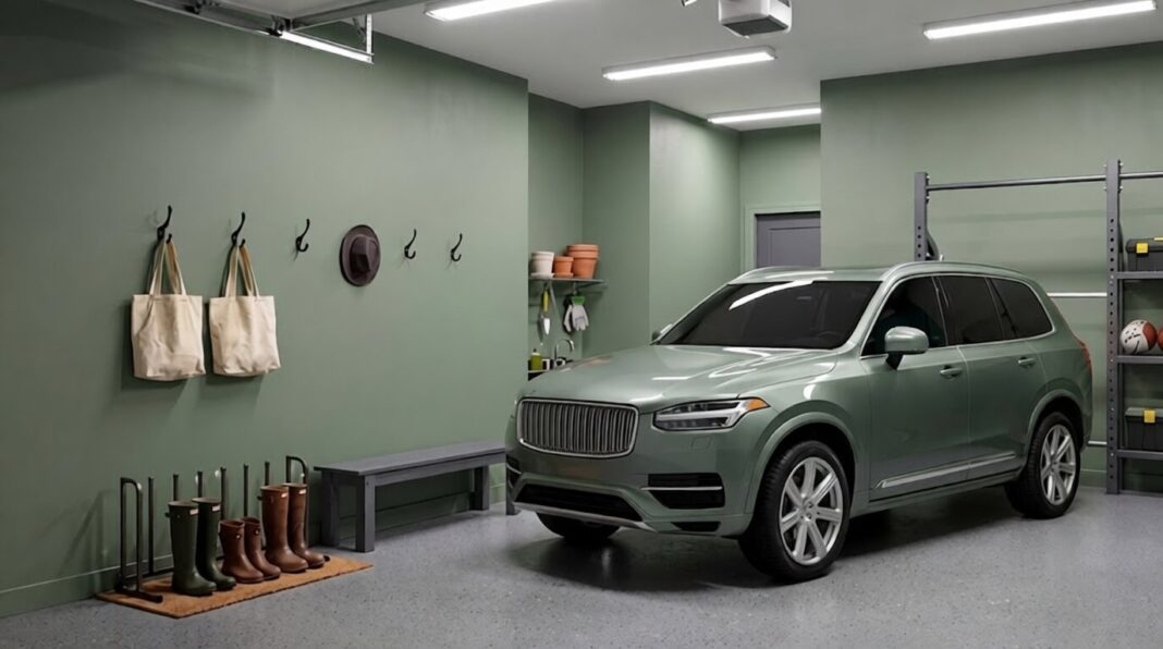 A garage interior painted in a dirt-hiding sage green, featuring a green SUV, a wooden bench, boots on a mat, and canvas bags hanging on wall hooks.