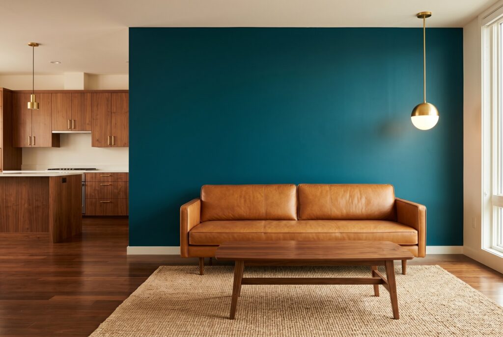 Deep teal accent wall behind tan leather sofa with walnut furniture and brass lighting. 