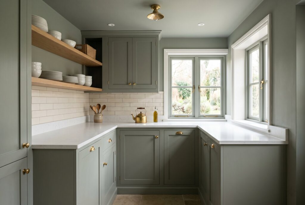 Farrow & Ball Pigeon kitchen with dusty green gray cabinetry, white countertops, brass hardware, and floating wood shelves.