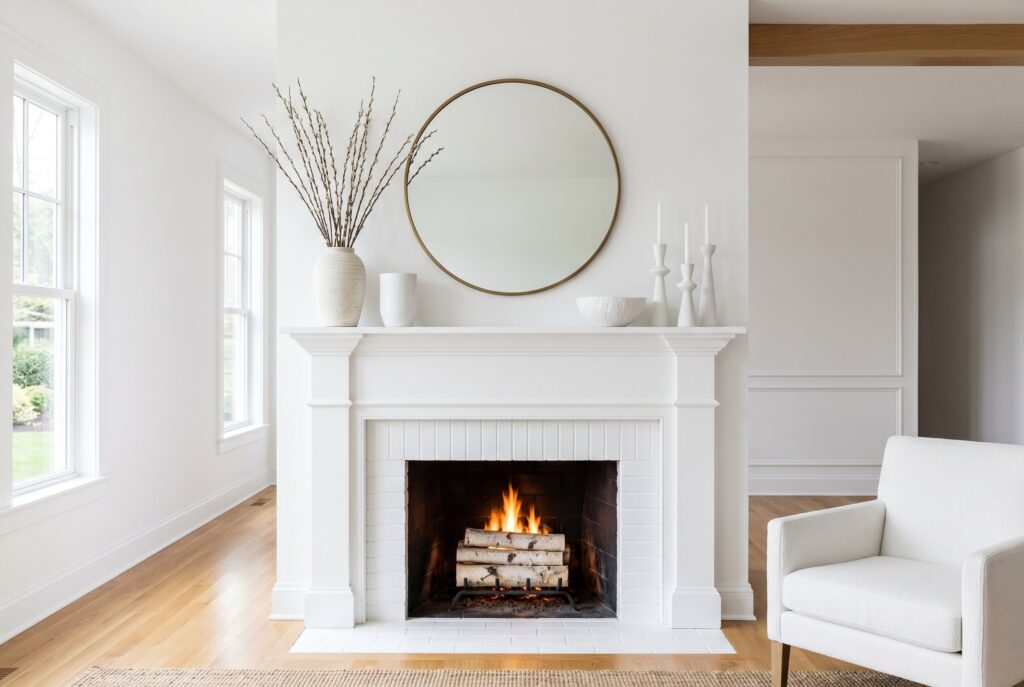 White living room decorated with large-scale artwork, neutral decor, and soft natural lighting.