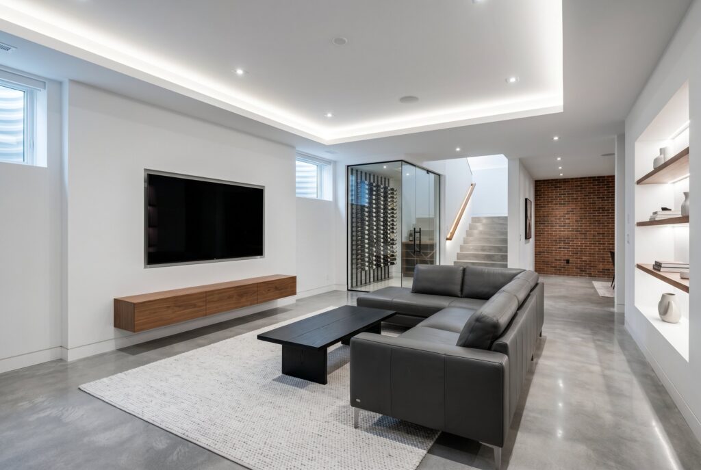 Invisible audio system integrated into minimalist basement media room design.