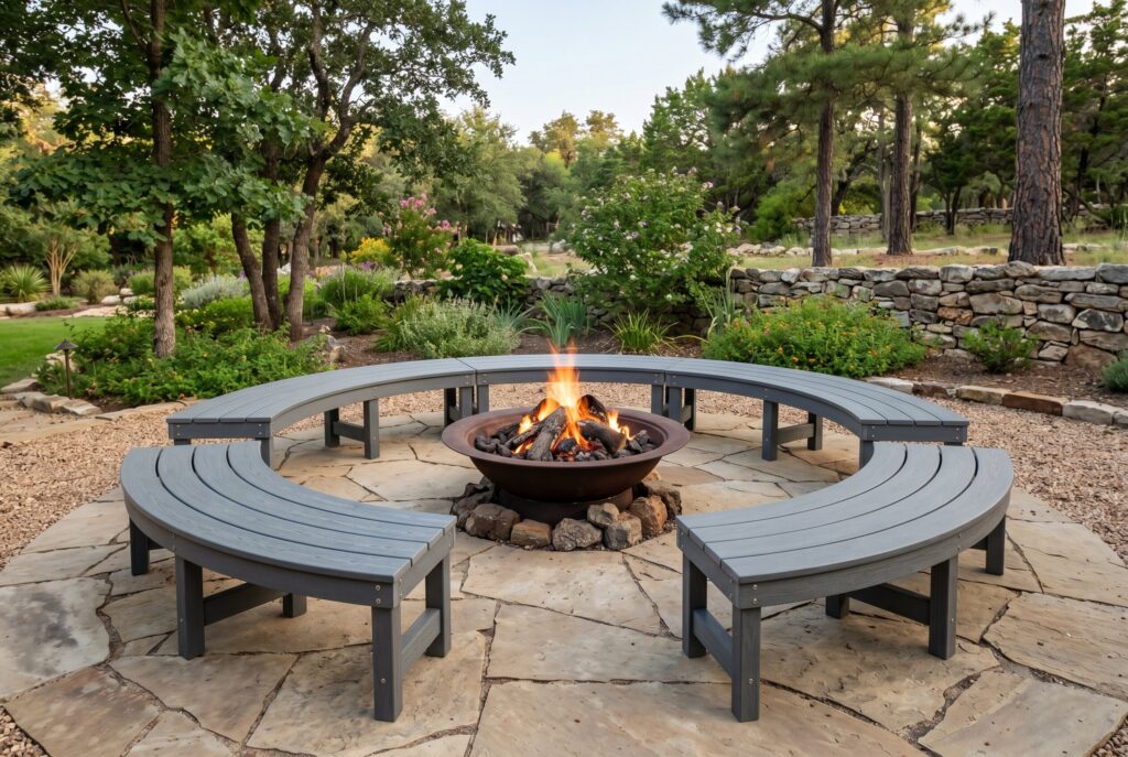 Curved poly lumber benches around fire pit with low maintenance backyard landscaping.