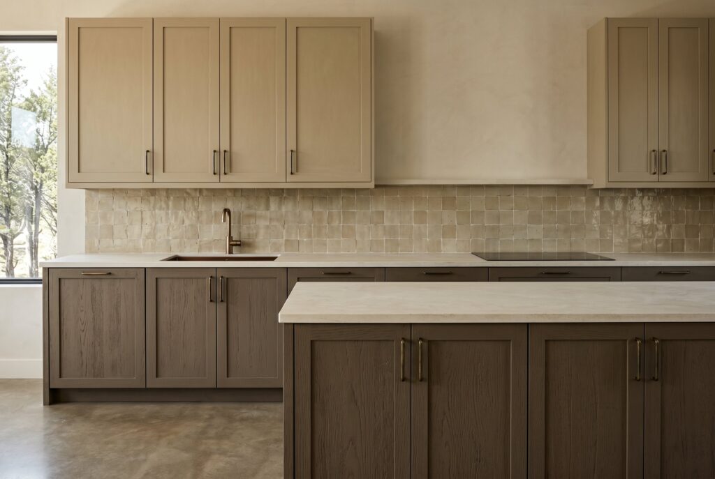 Khaki and muddy taupe kitchen with mixed wood and painted cabinetry, textured stone backsplash, and organic modern styling. 