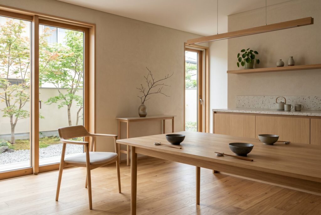 Minimalist dining area with a light wood table, simple chairs, floating shelf, and garden-view sliding glass door.