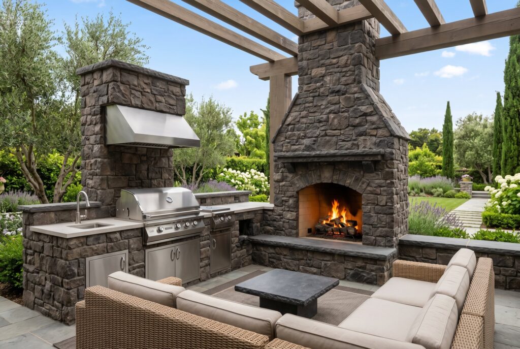 Ready to assemble modular grill station with weather resistant cabinetry and built in grill.
