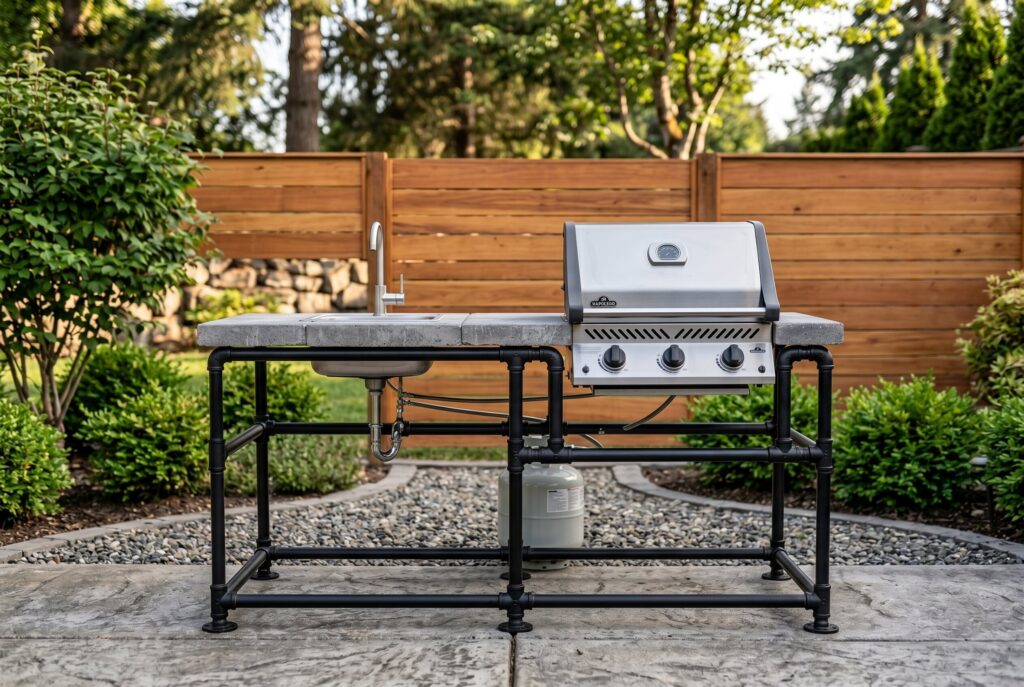 Industrial outdoor kitchen with black steel pipe frame and stone countertop surfaces. 