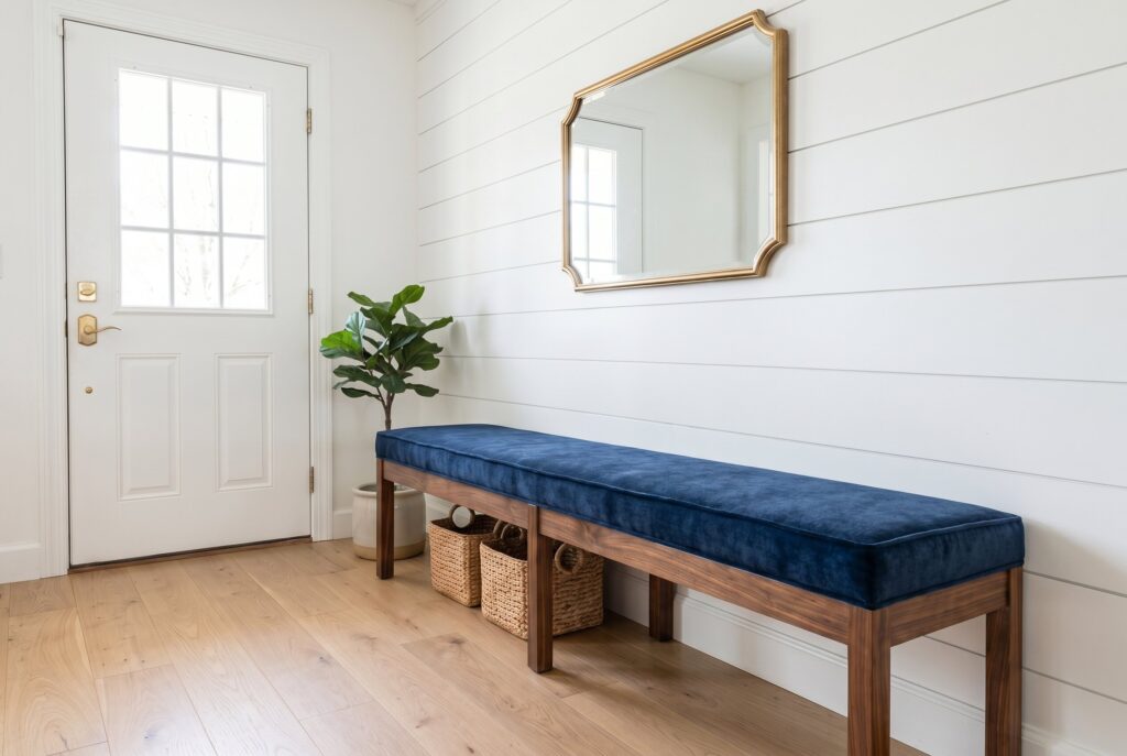 Reupholstered long bench with blue cushion in modern farmhouse entryway.