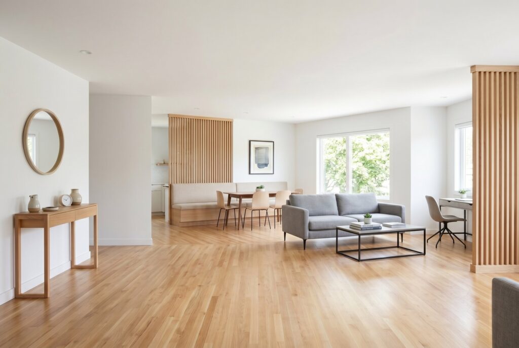 Oak slat room divider separating open concept living and dining areas.