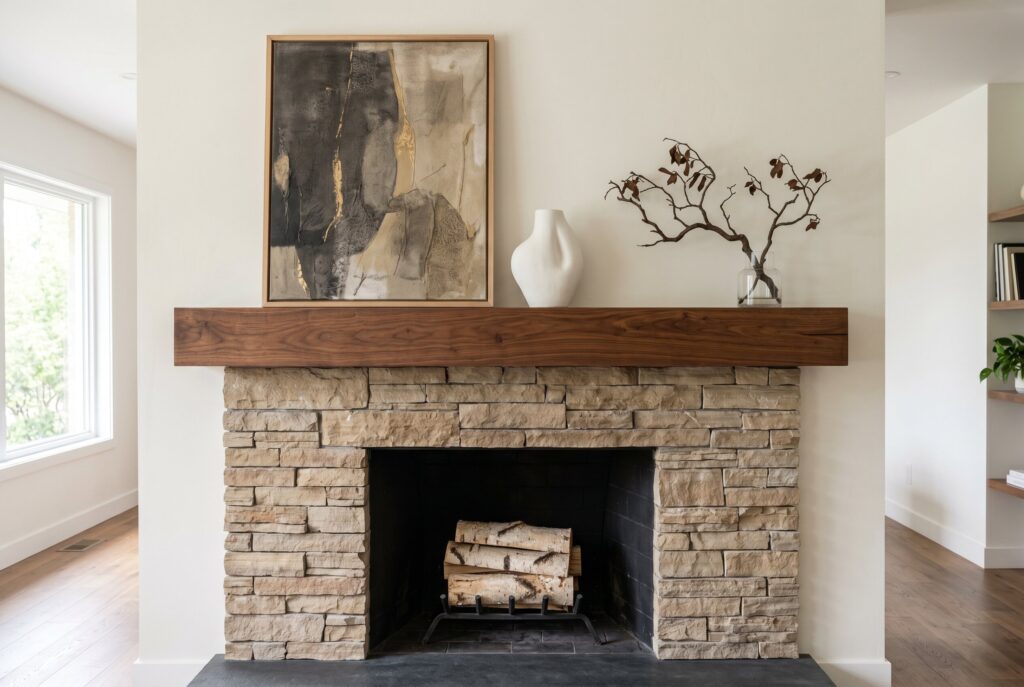 Minimalist fireplace mantel with oak beam, stone surround, and simple organic decor.