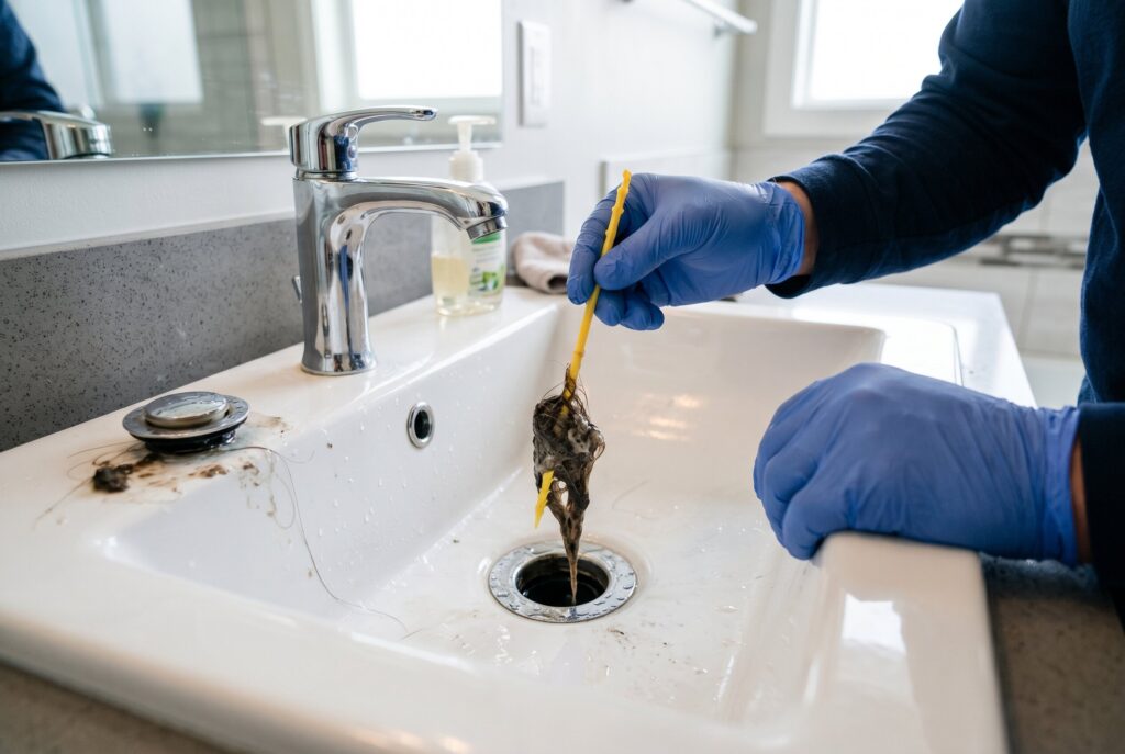 Gloved hands pulling a clump of hair from a bathroom sink using a yellow tool.