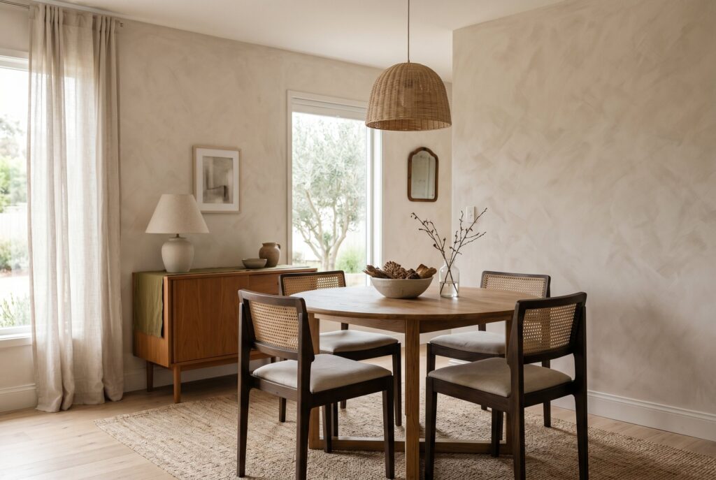 Faux limewash wall finish in neutral dining room with natural wood furniture.