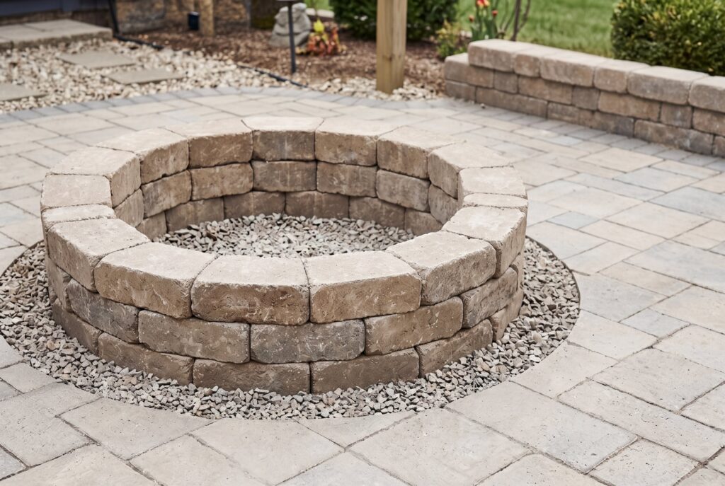 Stacking and gluing retaining wall blocks for DIY smokeless fire pit construction.
