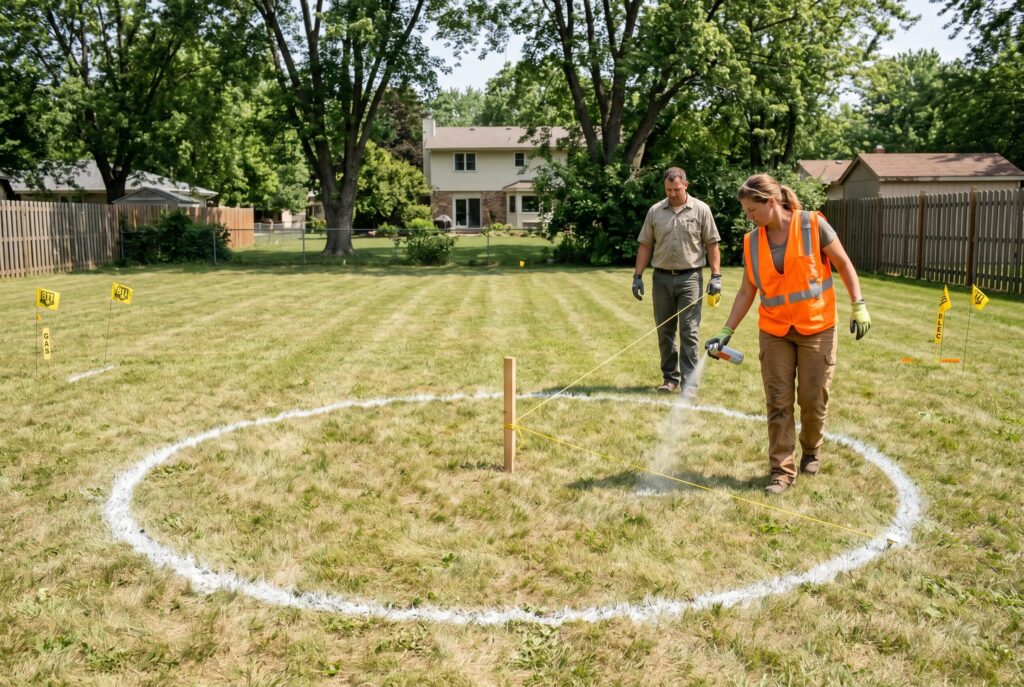 Marking circular fire pit layout with stake, string line, and site preparation process. 
