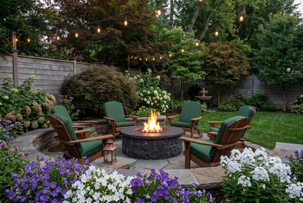 Low cost fire pit landscape design with Adirondack chairs, flowers, and string lights.