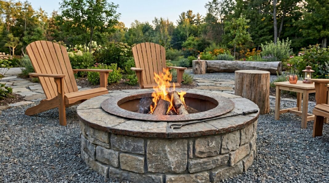 DIY fire pit with stone surround, Adirondack chairs, and gravel patio in landscaped backyard.