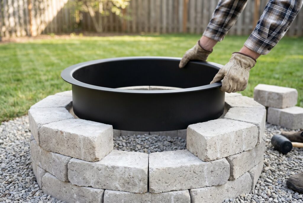 Inserting steel fire ring into masonry fire pit for dual airflow smokeless design. 