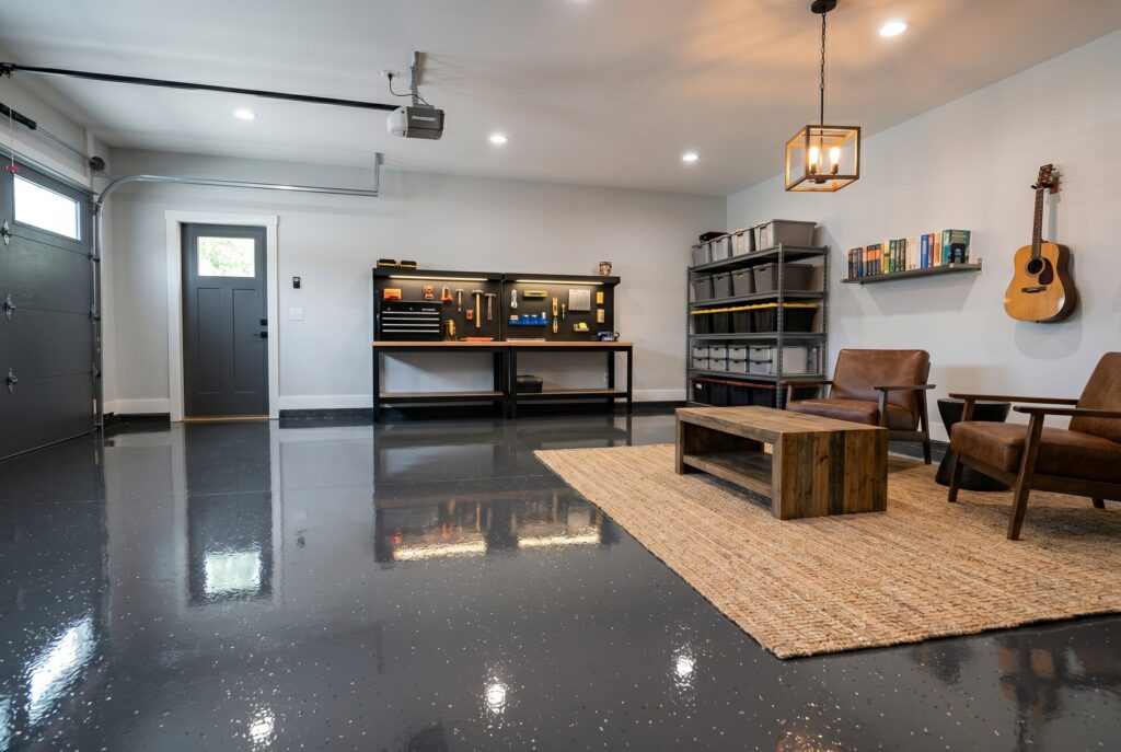 High gloss epoxy garage floor with woven rug, lounge furniture, and reflective surface finish. 