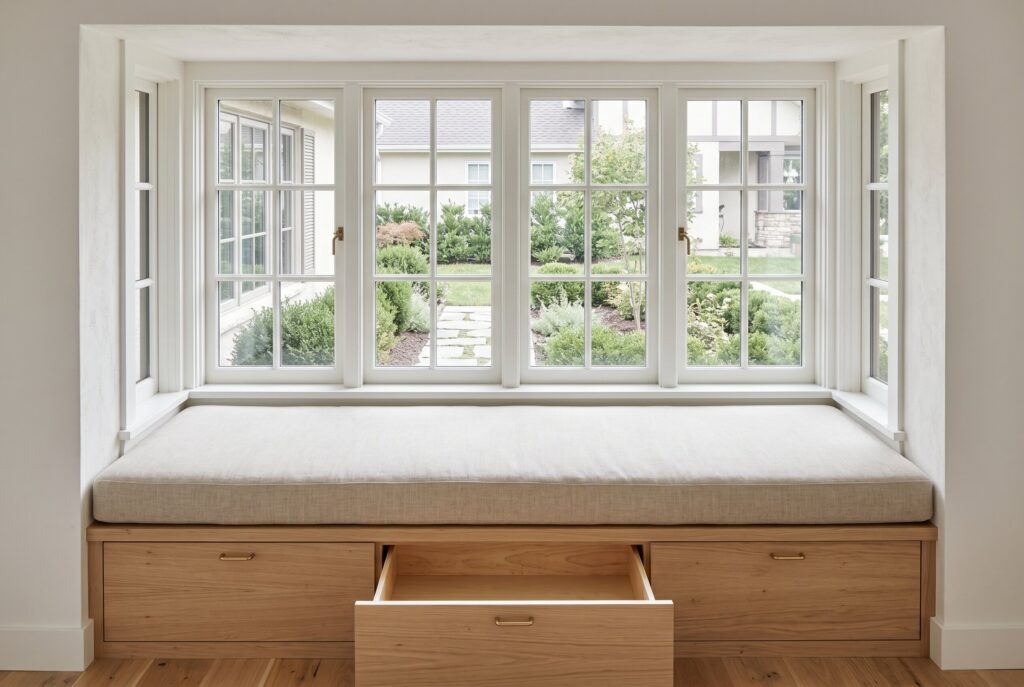 Built in window seat with storage drawers and cushion in bright reading nook.
