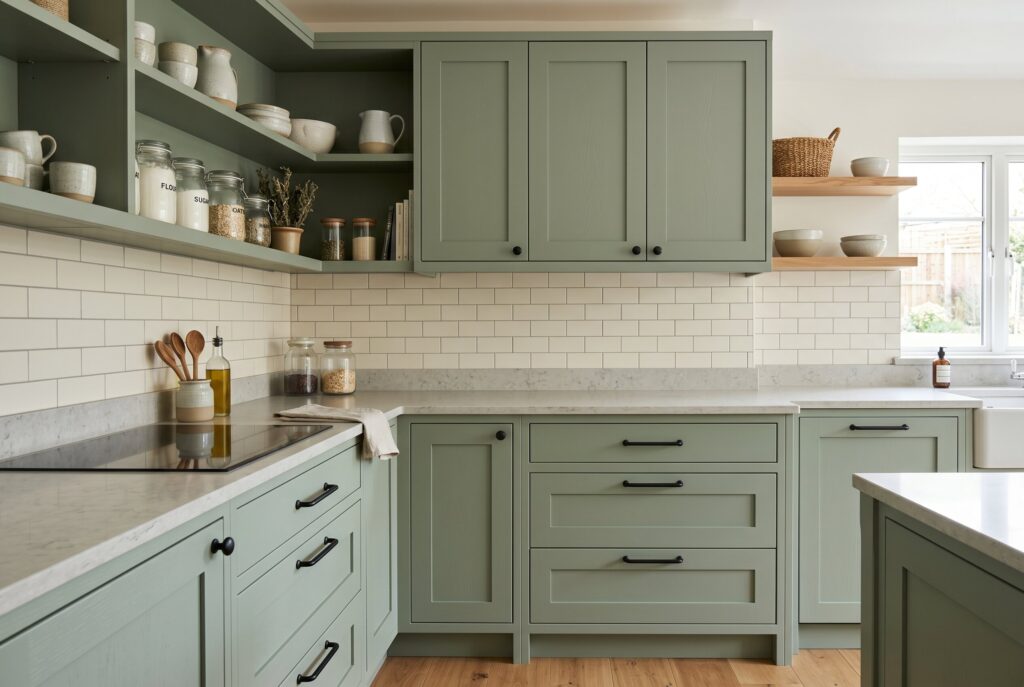 Sage green kitchen cabinets with brass hardware and white subway tile backsplash.