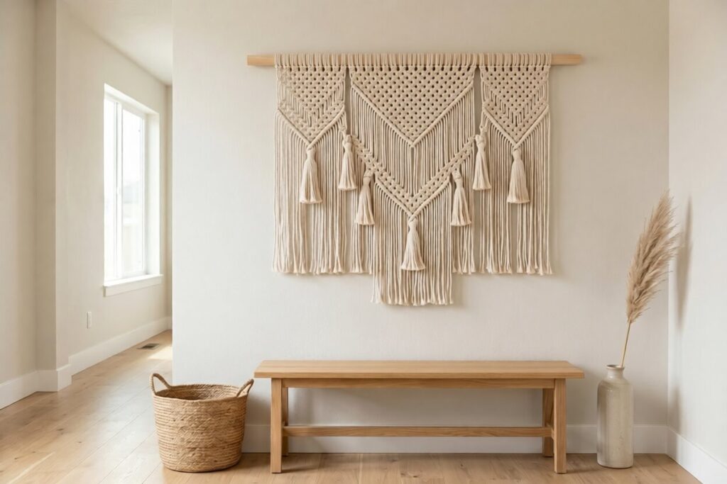 Oversized macrame wall hanging above minimalist wood bench.