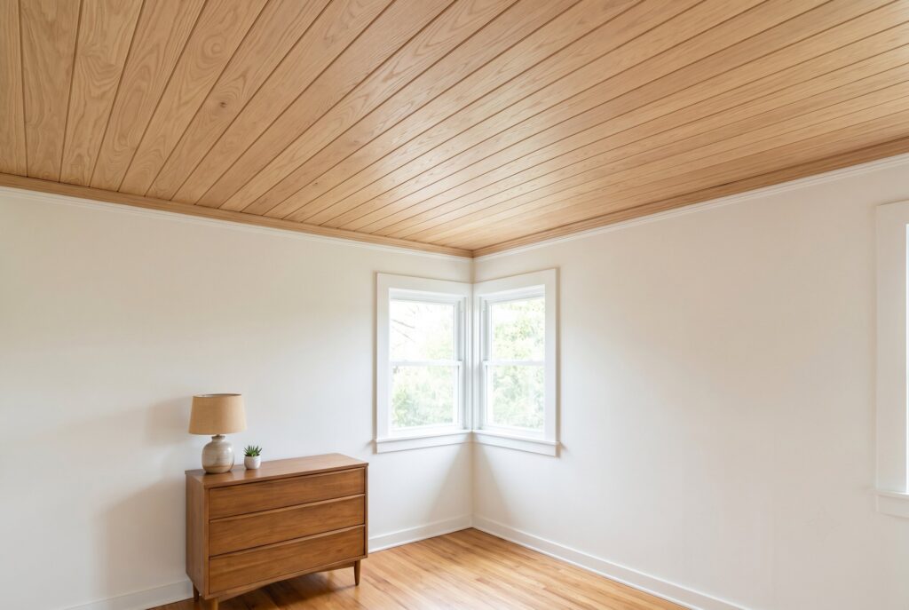 Wood paneled ceiling in light oak adding warmth to minimalist bedroom design.