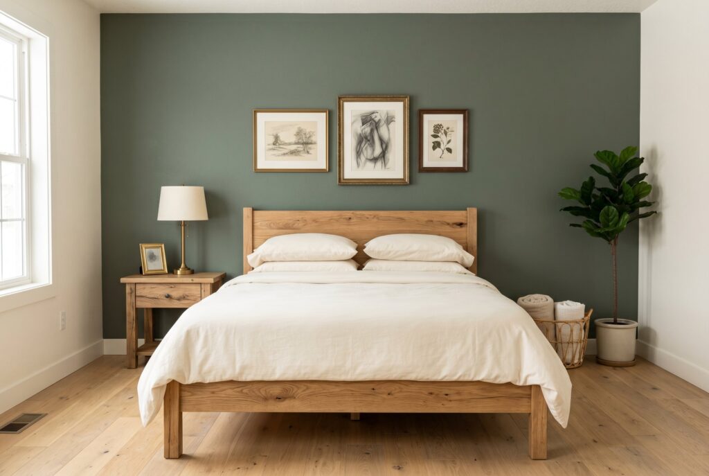 Evergreen accent wall behind oak bed with neutral bedding and natural decor.
