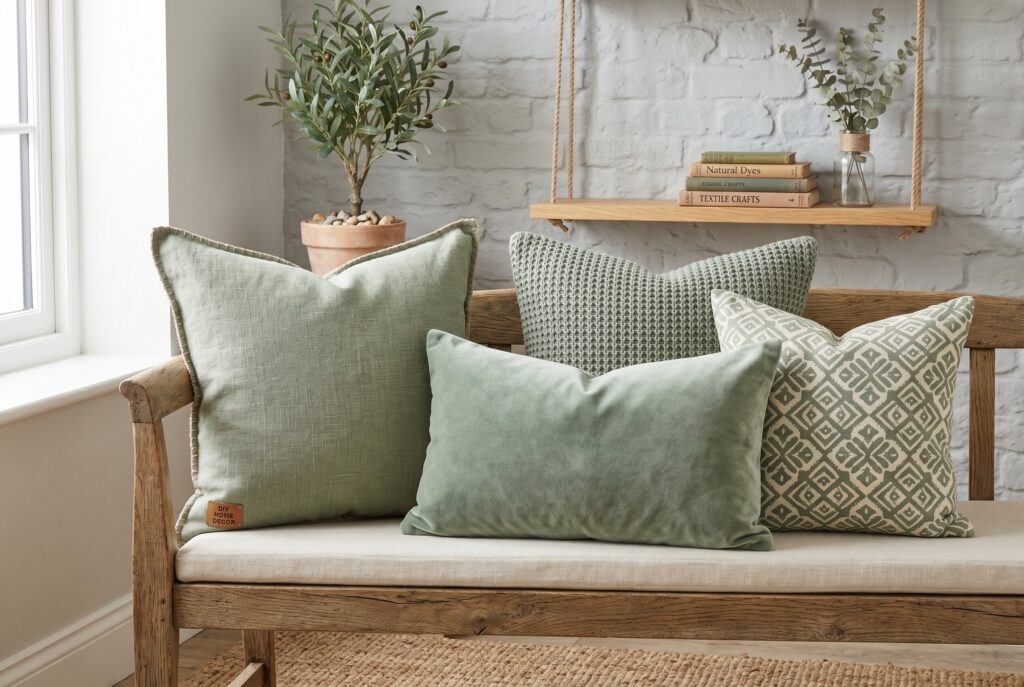 Sage green throw pillows layered on rustic wood bench seating.