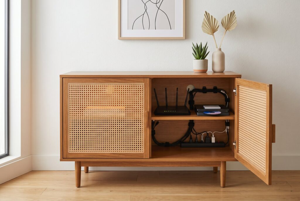 Hidden tech storage cabinet with cane doors concealing electronics and cables.
