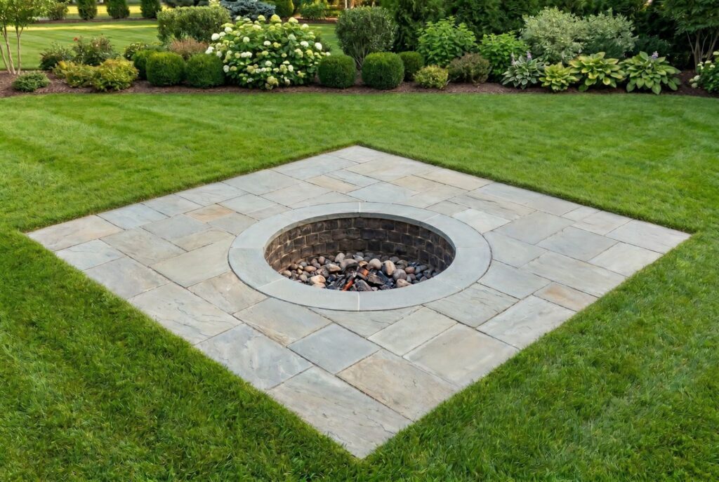 Patio cutout defining fire pit zone with flush circular fire feature and paving.