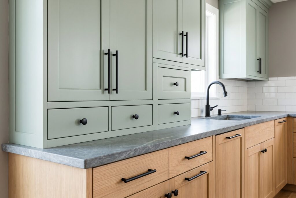 Sage green cabinets with matte black hardware and natural wood lower cabinets.