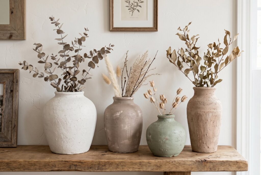 Baking soda textured vases with dried branches on rustic wood shelf.