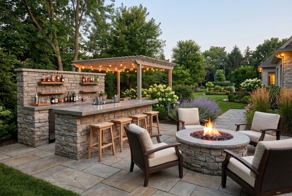 Fire pit adjoining outdoor bar with stone finishes and cozy evening entertaining space.