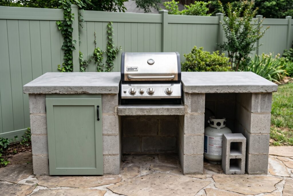 Cinder block outdoor kitchen island with concrete countertop, grill opening, and sage green cabinet door. 