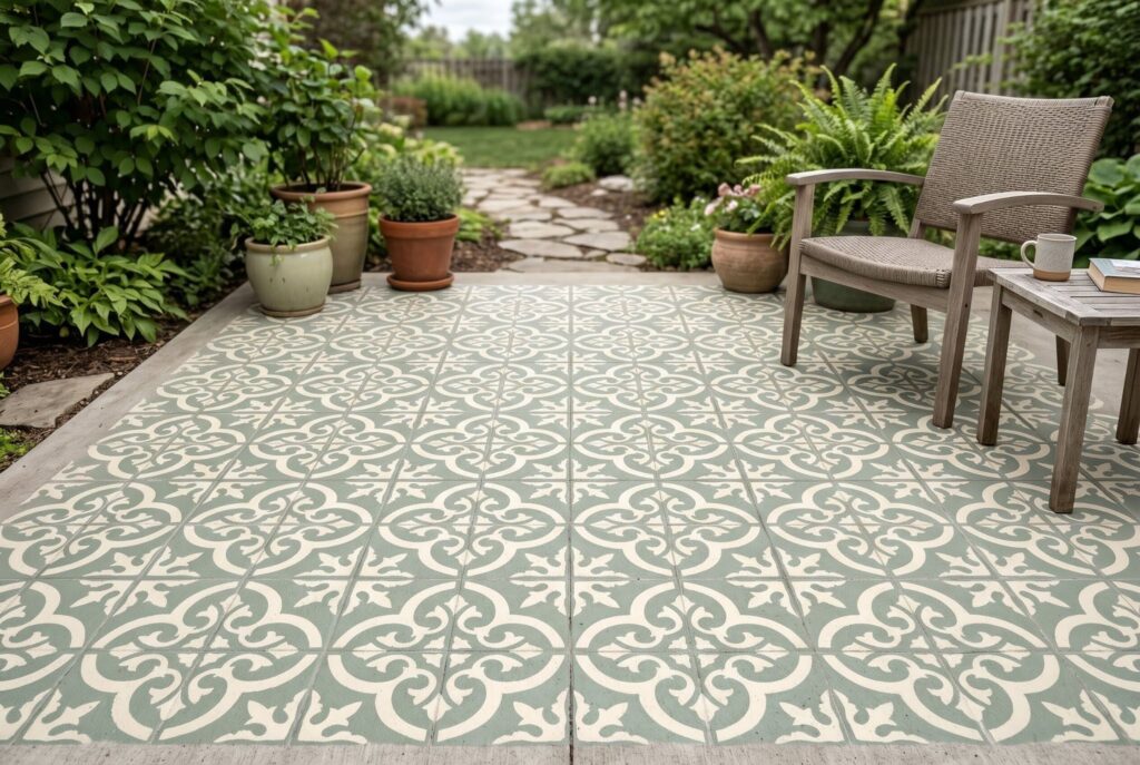 Sage green stenciled concrete patio floor with patterned design and outdoor seating. 