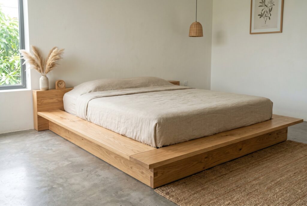 Low platform bed in Japandi bedroom with minimalist oak construction.