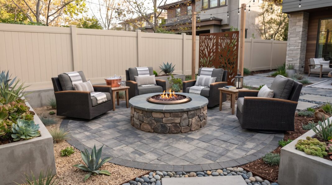 DIY smokeless fire pit with stone surround, chairs, and landscaped backyard seating area.