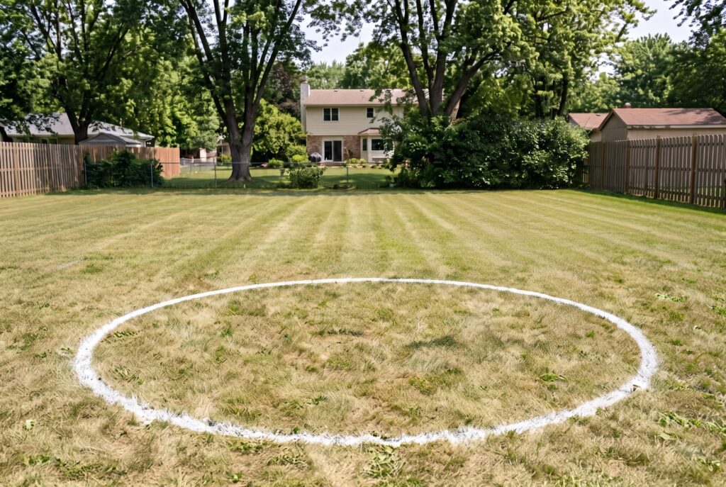 Marking circular fire pit layout with stake, string line, and site preparation process.