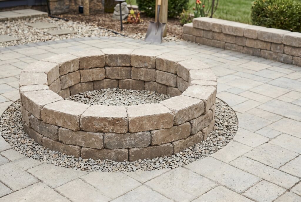 Stacking and gluing retaining wall blocks for DIY smokeless fire pit construction. 