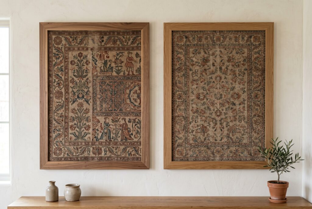 Framed vintage tapestry wall art with ornate textile patterns and wood frames.