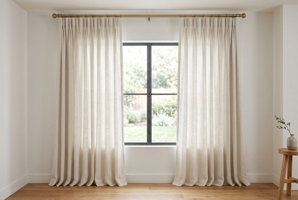 Pinch pleat linen curtains hung ceiling height in bright minimalist room.
