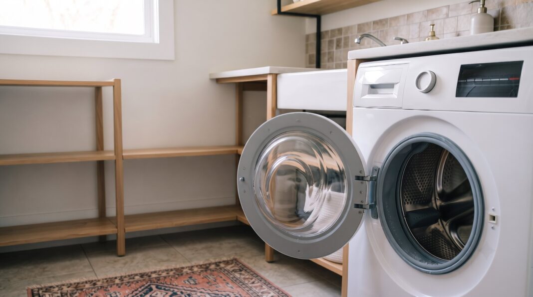 A white front-load washing machine with its door open, set against a tiled wall with a wooden shelf holding cleaning supplies.