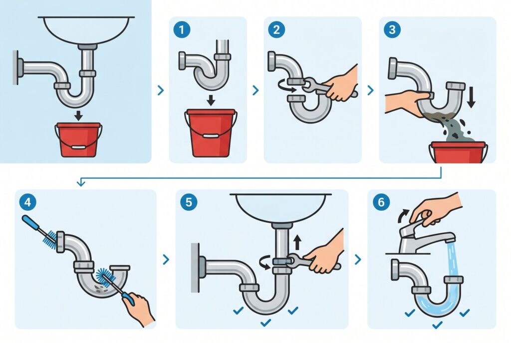 A six-step illustrated guide showing how to remove, empty, brush clean, and reinstall a sink P-trap.