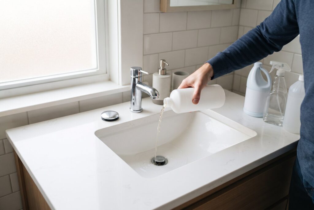 A person pouring liquid from a white bottle into a bathroom sink drain.