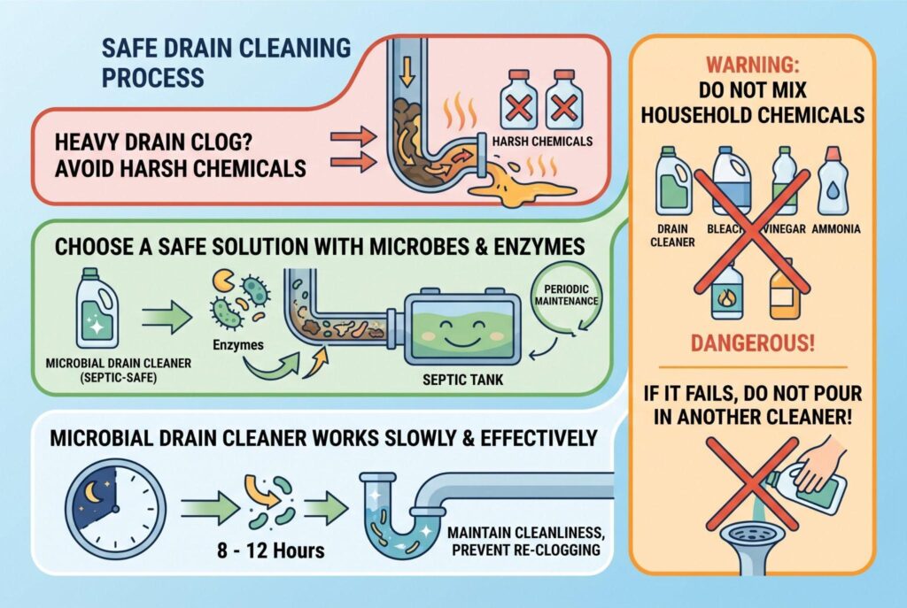 Illustrations warning against using harsh chemicals or mixing cleaners, suggesting enzyme-based alternatives instead.