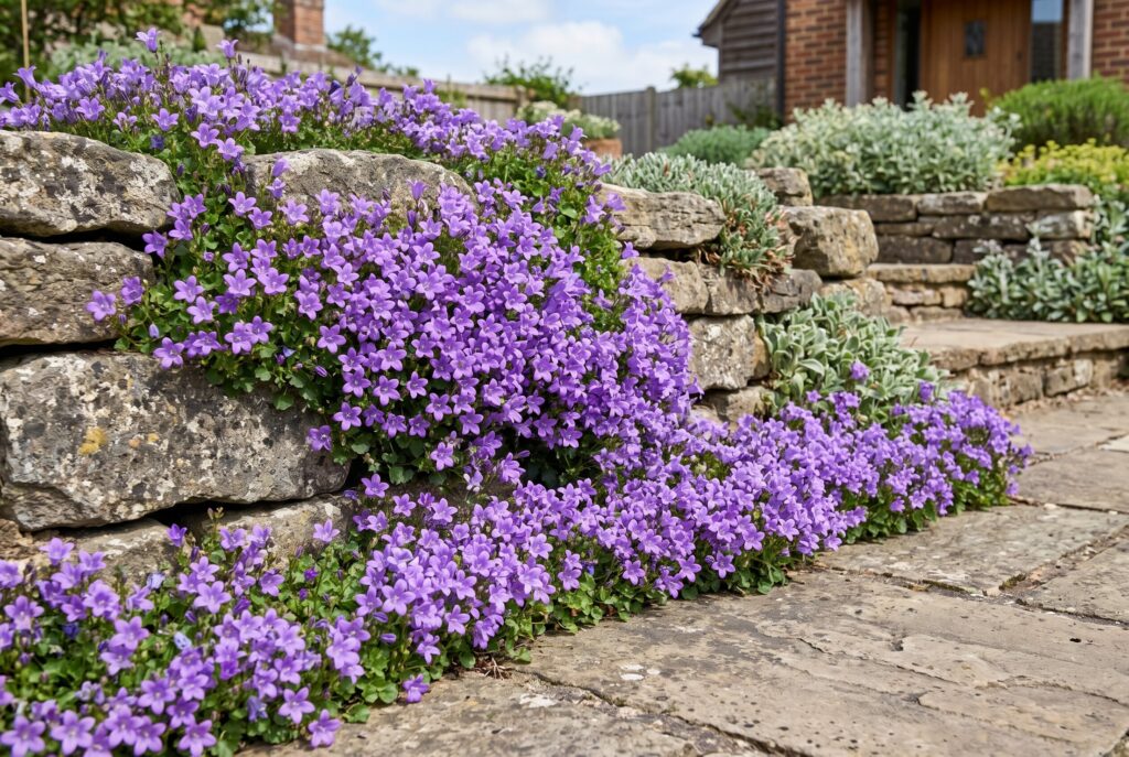 Dalmatian bellflower spilling vibrant purple bell-shaped flowers over the cracks and hard surfaces of a rustic stone wall.