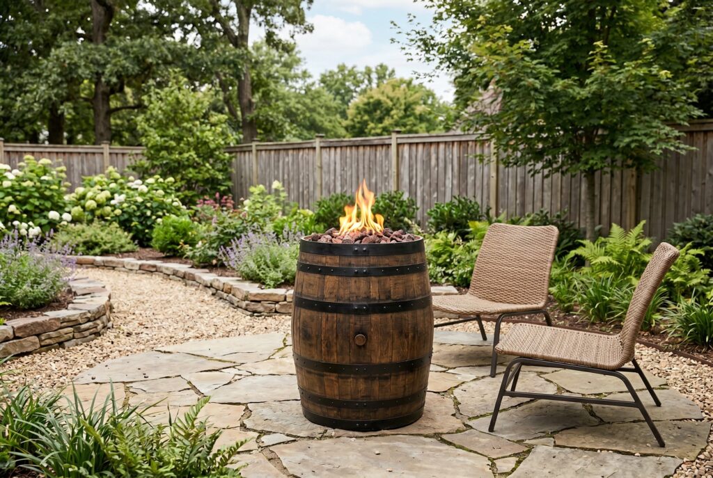 Whiskey barrel gas fire pit with lounge chairs and farmhouse backyard landscaping.