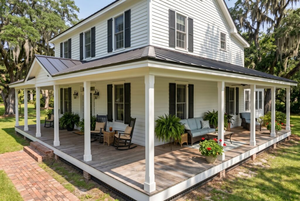 Deep overhang wrap around porch providing shade with white columns and outdoor seating. 